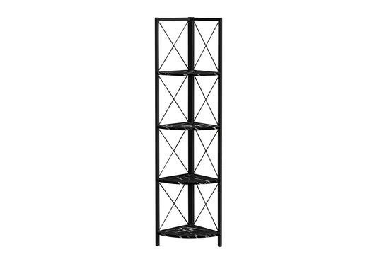Bookshelf, Bookcase, Etagere, Corner, 4 Tier, 60"h, Office, Bedroom, Black Marble Look Laminate, Black Metal, Contemporary, Modern