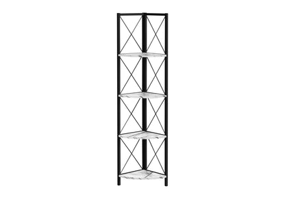 Bookshelf, Bookcase, Etagere, Corner, 4 Tier, 60"h, Office, Bedroom, White Marble Look Laminate, Black Metal, Contemporary, Modern