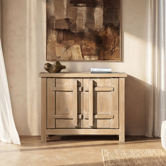 Rowan 48" Solid Reclaimed Pine 2-Door Crossbar Accent Storage Cabinet, Heritage Light Natural Brown