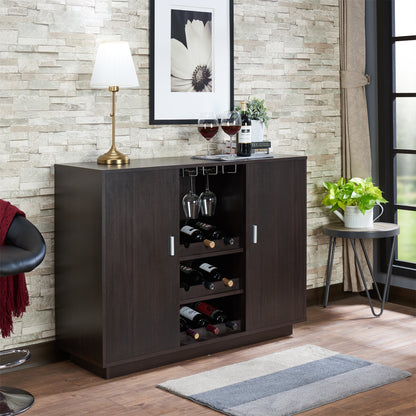 Espresso Wine Cabinet with Storage Shelves for Living Room