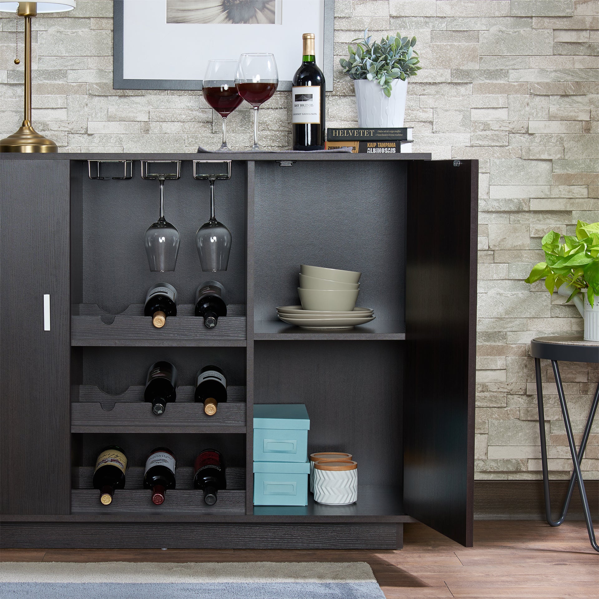Espresso Wine Cabinet with Storage Shelves for Living Room