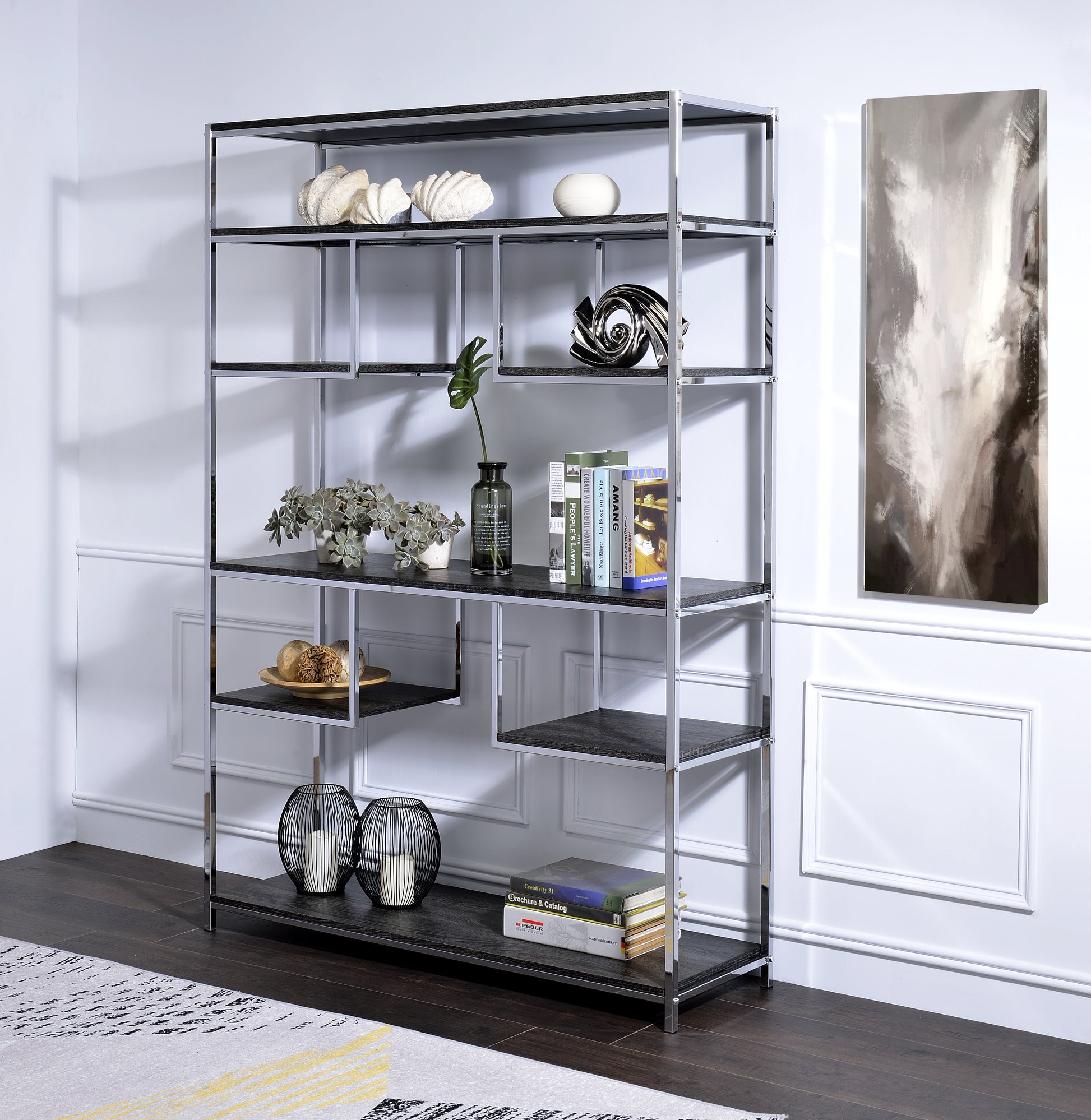 Vonara Rustic Gray Oak & Chrome Finish Bookshelf