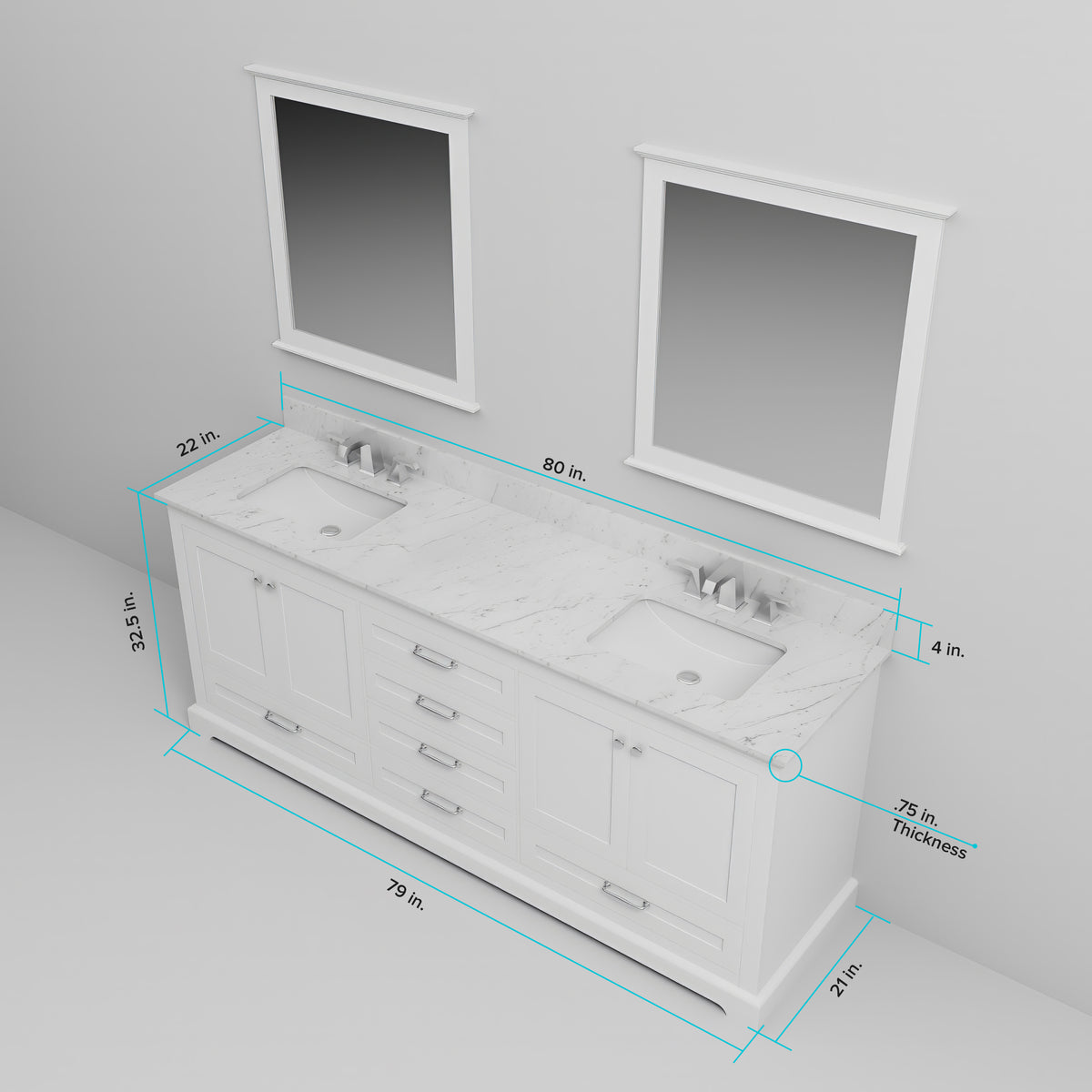White Double Bath Vanity - 80" Wide Storage Cabinet