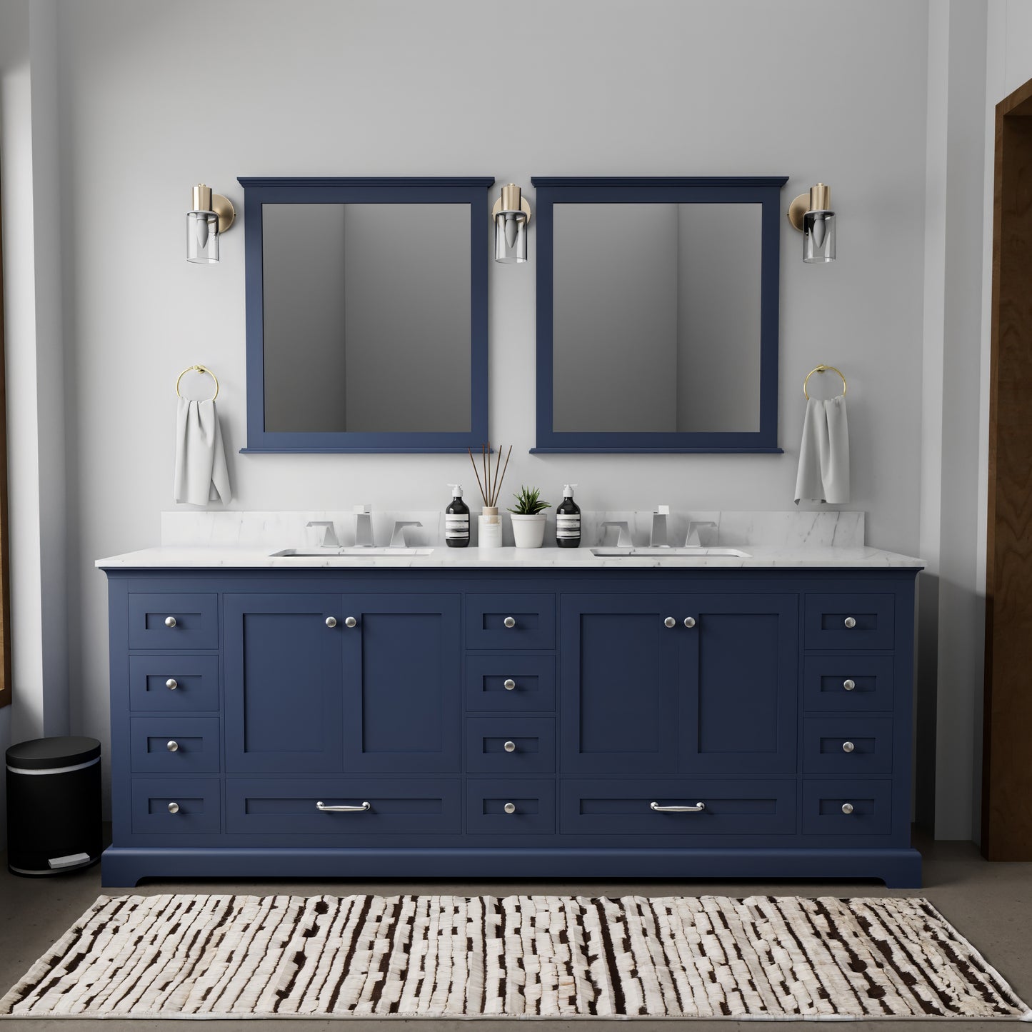 Navy Blue Double Bath Vanity 84 in. W x 22 in. D, with Carrara Marble Top