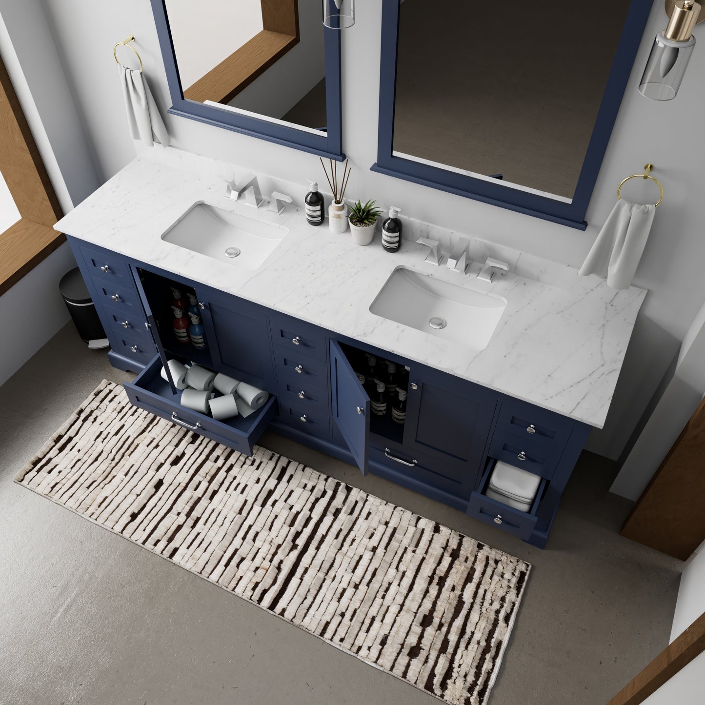 Navy Blue Double Bathroom Vanity with Marble Top