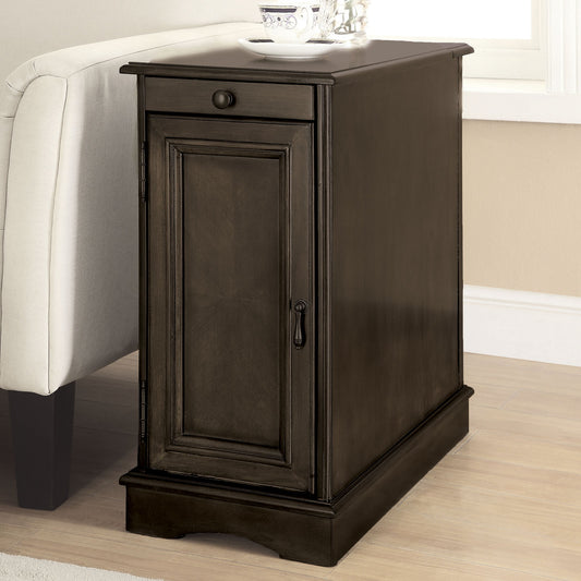 Transitional Side Table Storage Cabinet Pull Out Cup Holder And Built In USB Outlet, Gray