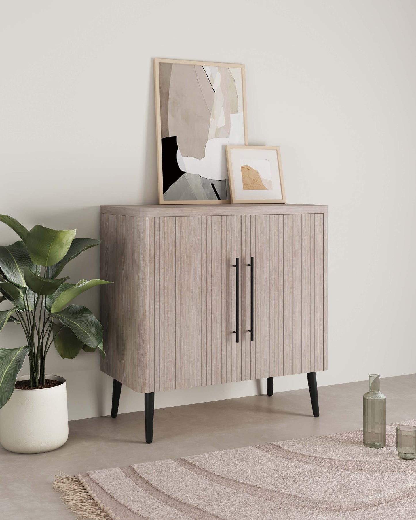 31.1" Whitewashed Oak Accent Cabinet - Mid-Century Style
