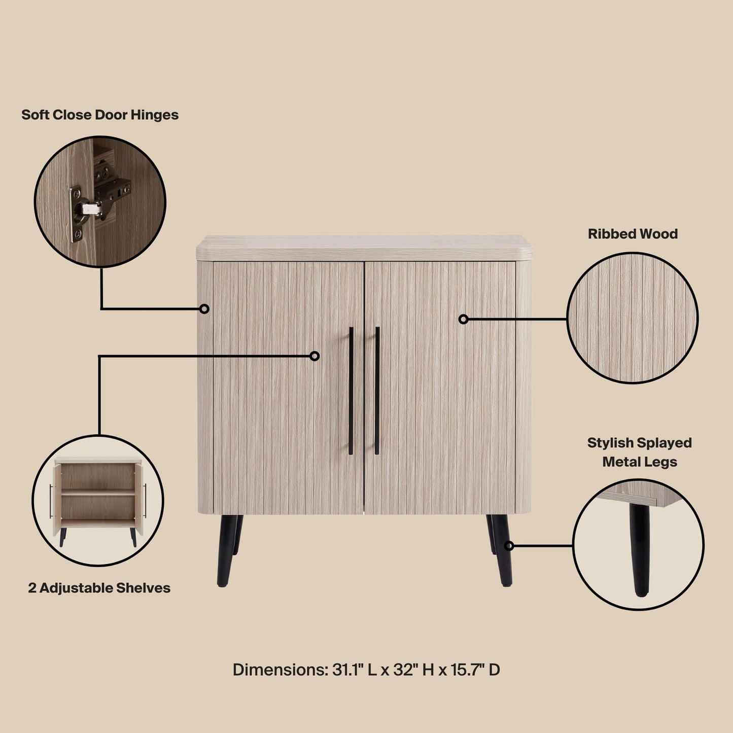 31.1" Whitewashed Oak Accent Cabinet - Mid-Century Style