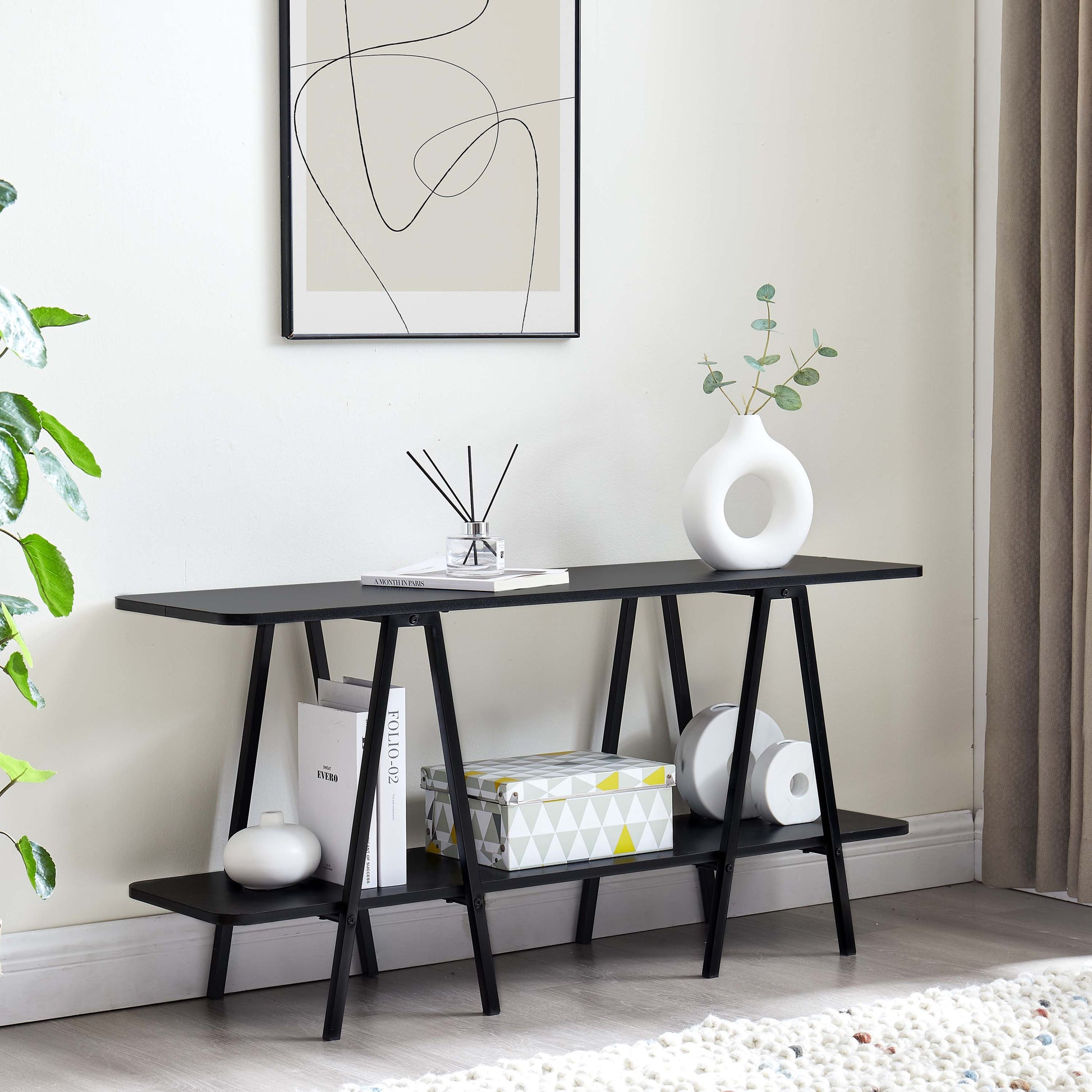 Black MDF Console Table - 47" Long Storage Shelf