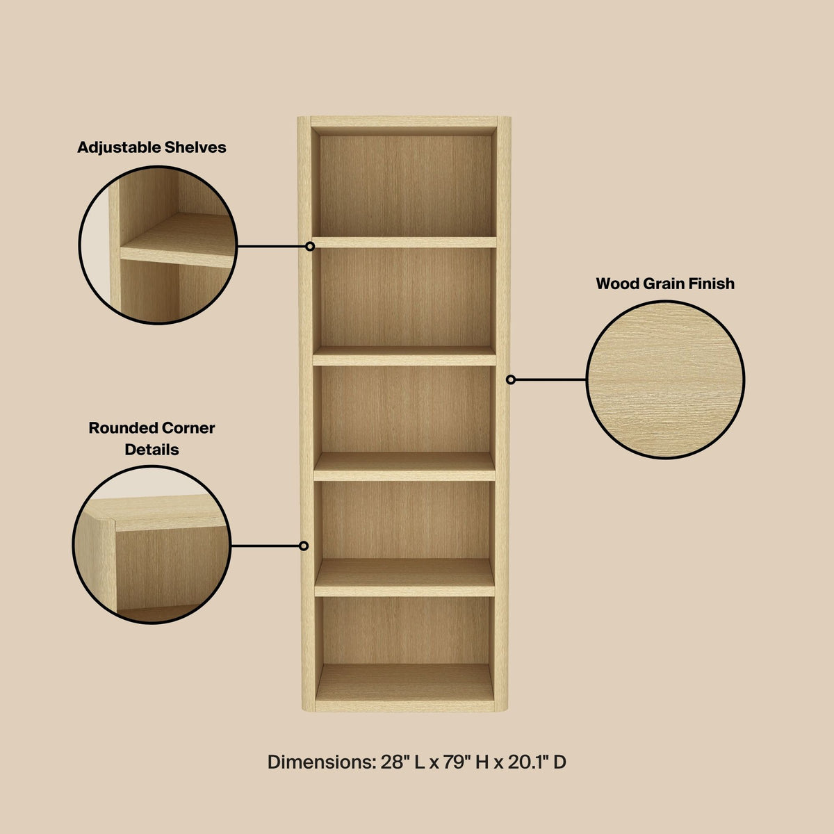 Oak Open Bookcase - 28" Length Display Shelving for Living Room