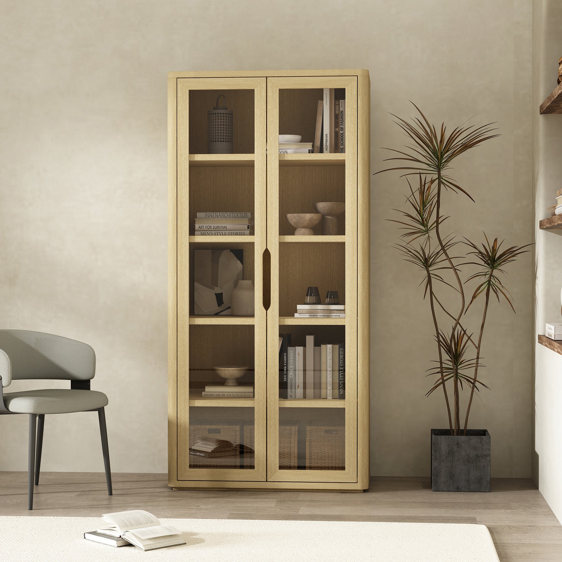 Natural Oak Bookcase Cabinet - 38" Storage