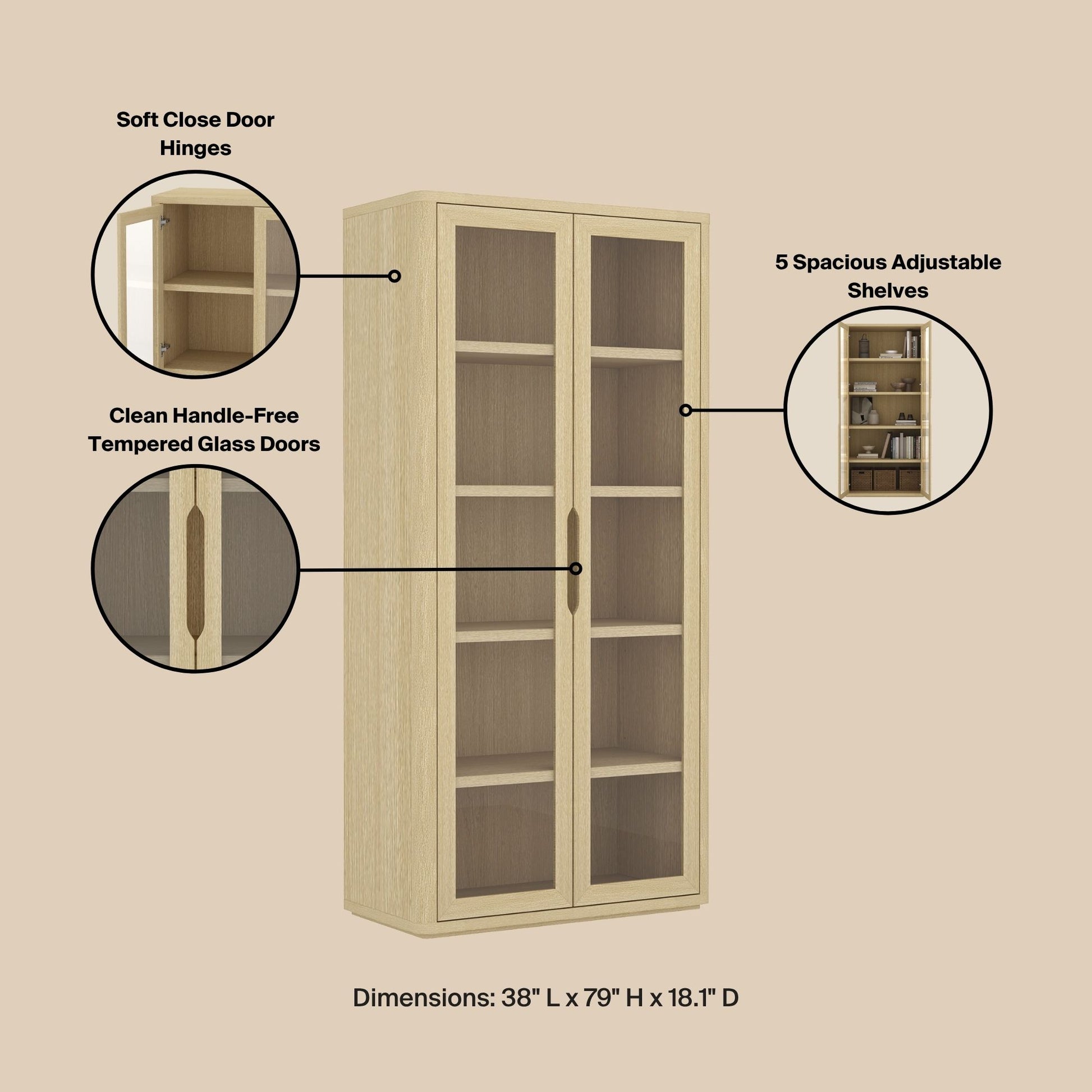 Natural Oak Bookcase Cabinet - 38" Storage