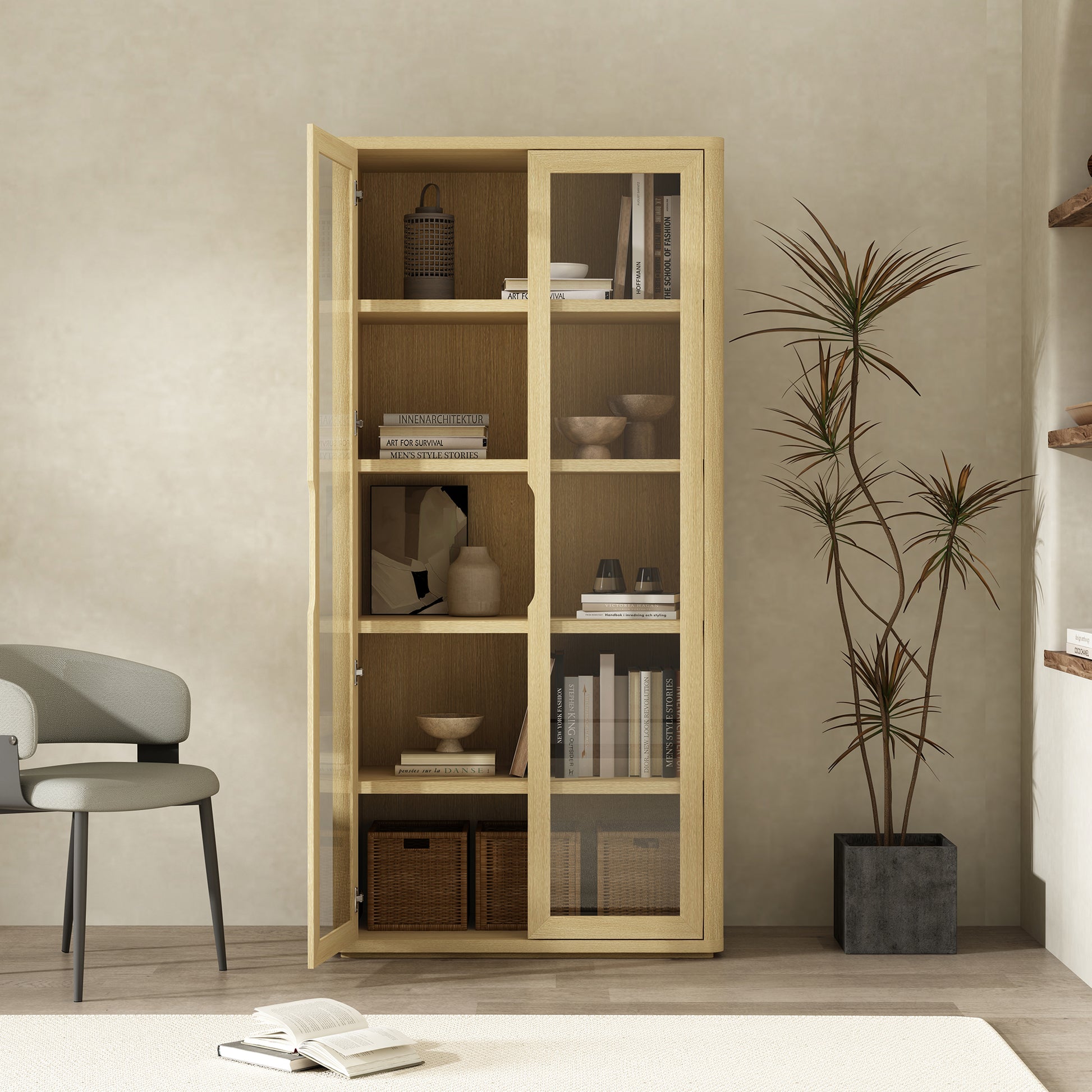 Natural Oak Bookcase Cabinet - 38" Storage