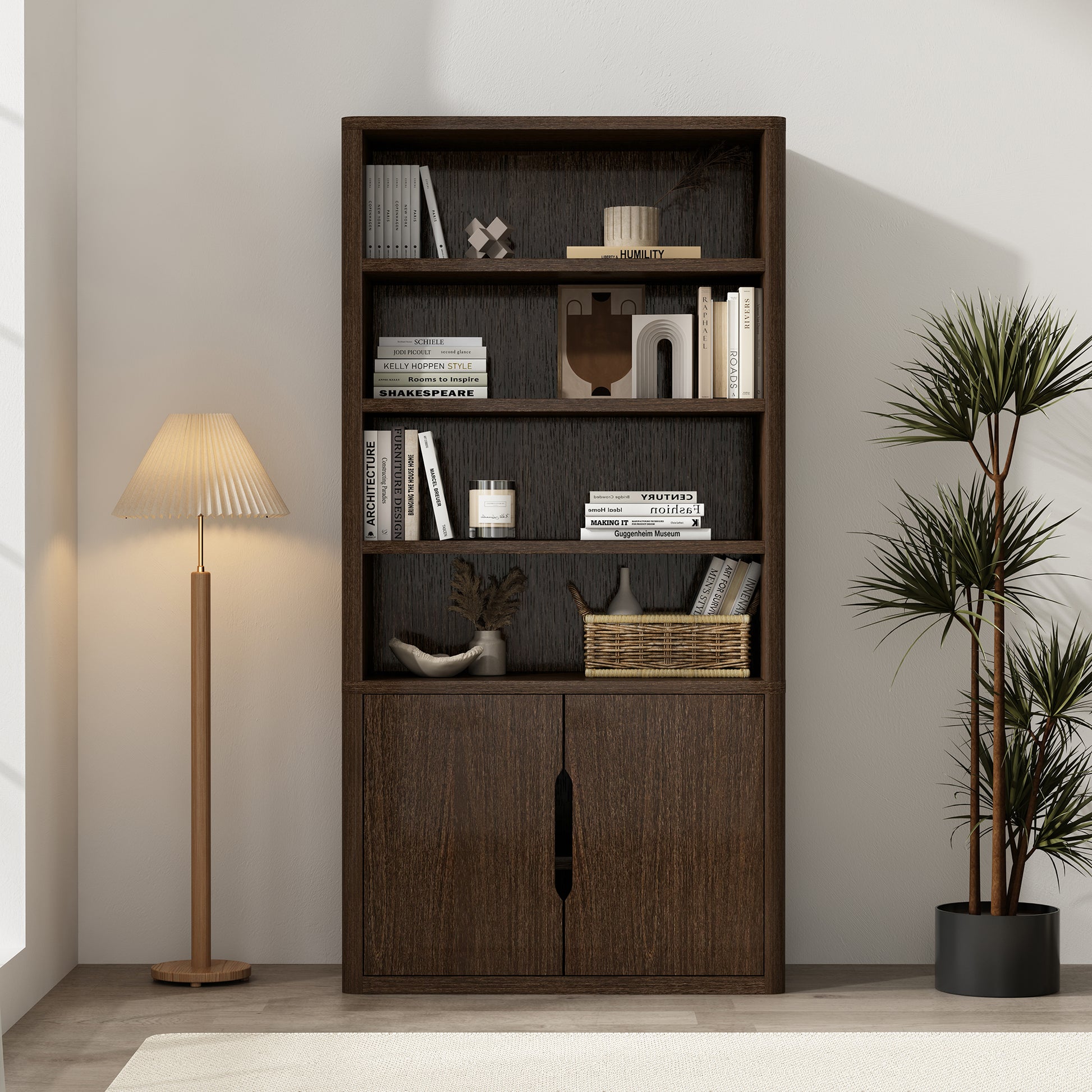 Walnut Bookcase Cabinet - 40.2" Storage