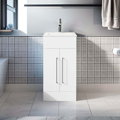 Goodyo 16in Small Bathroom Vanity Single Sink, Freestanding Modern Bathroom Cabinet with White Drop in Sink, 2 Doors Wood Storage Cabinet, White