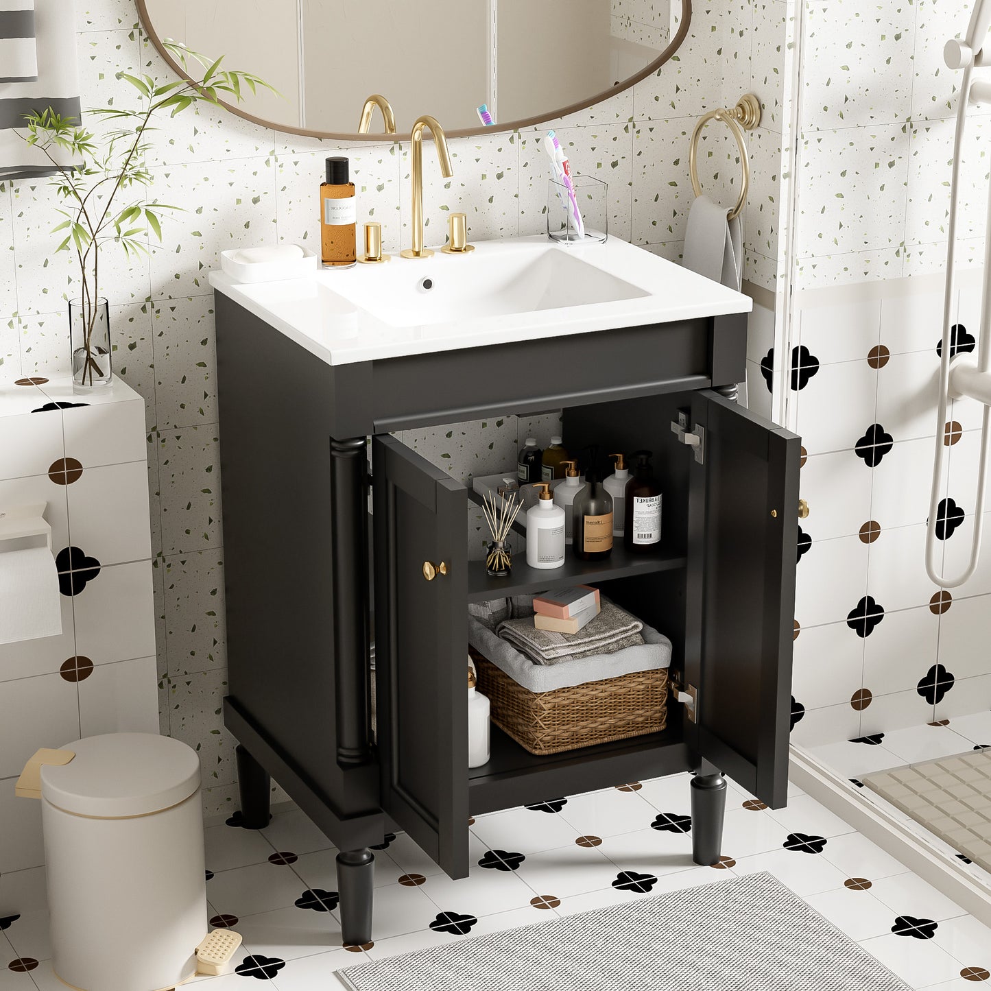 24" Black Bathroom Vanity - Storage Cabinet with Sink