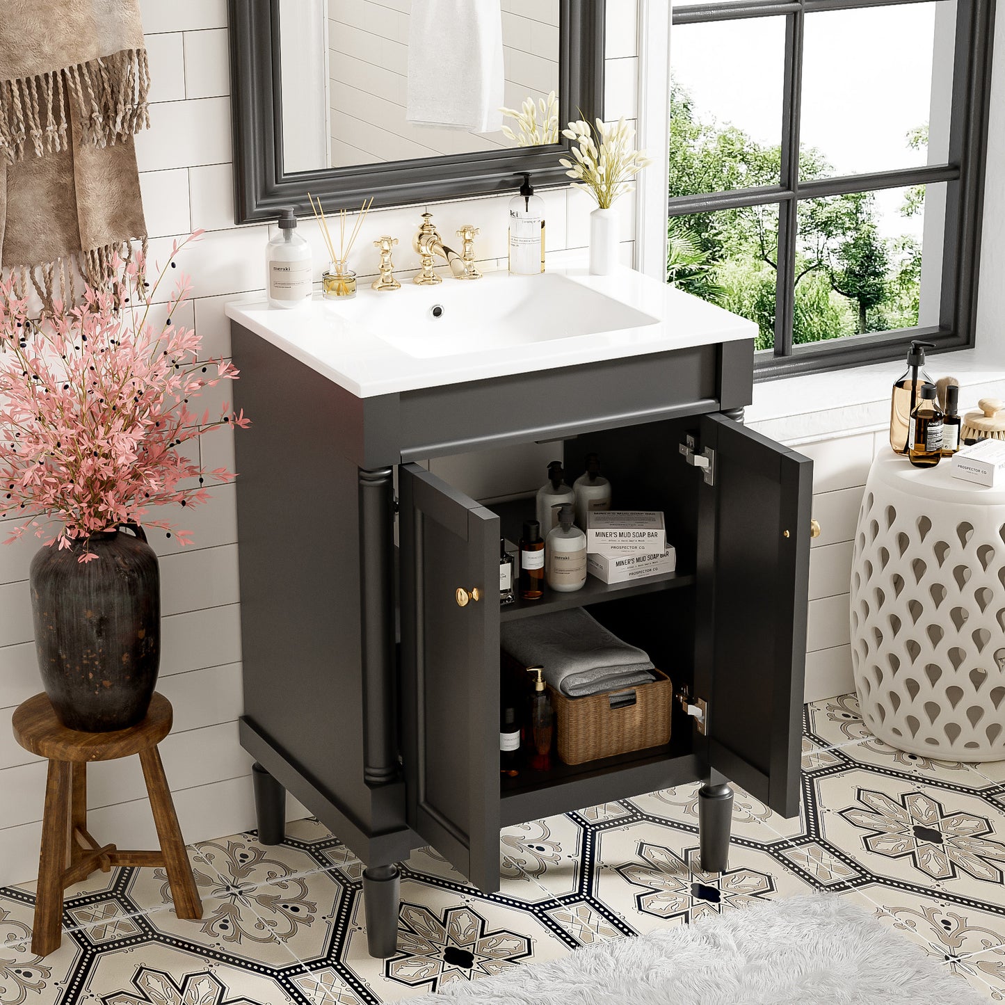 24" Black Bathroom Vanity - Storage Cabinet with Sink