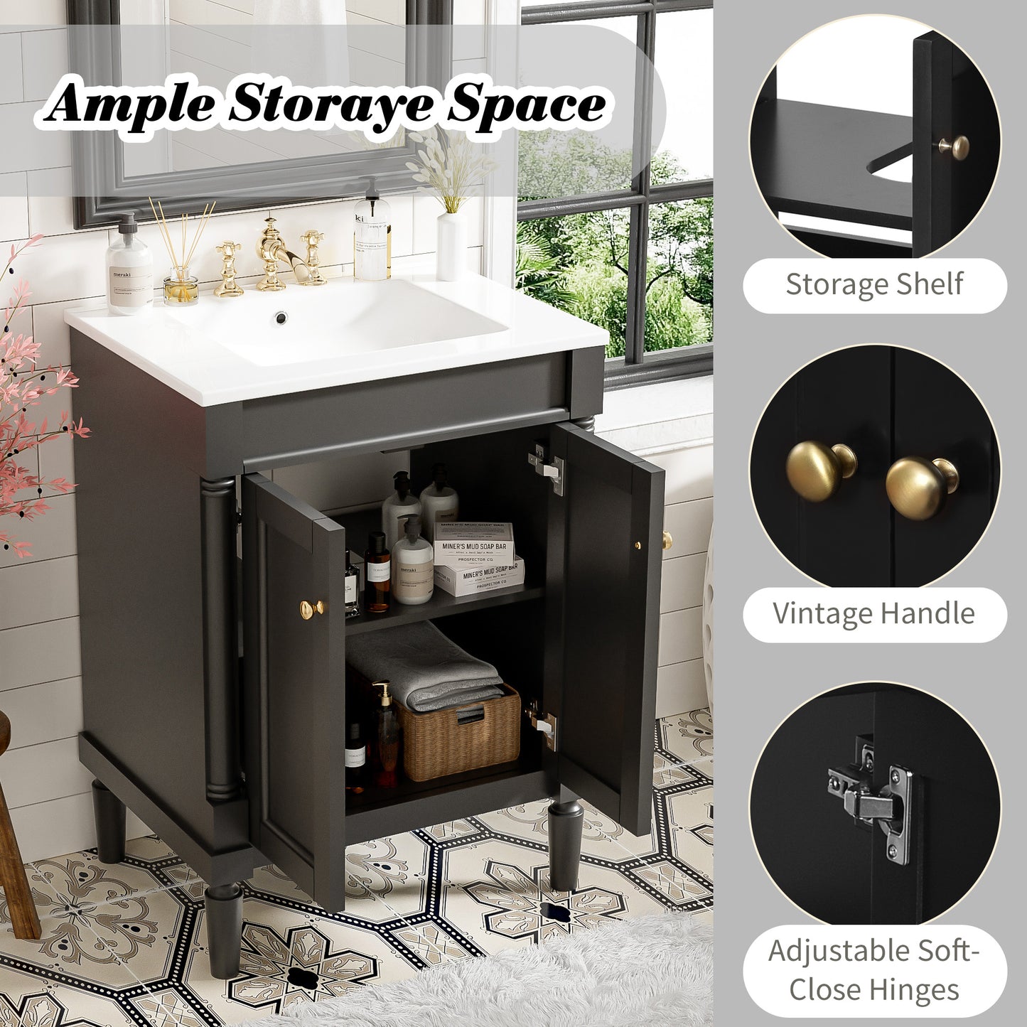 24" Black Bathroom Vanity - Storage Cabinet with Sink