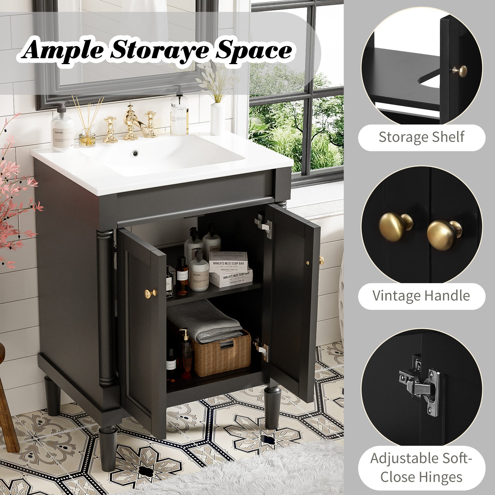 24" Black Bathroom Vanity - Storage Cabinet with Sink