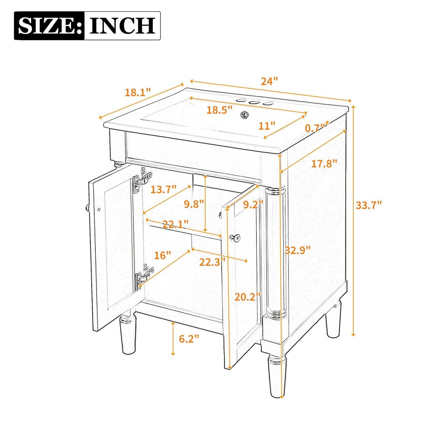 24" Black Bathroom Vanity - Storage Cabinet with Sink