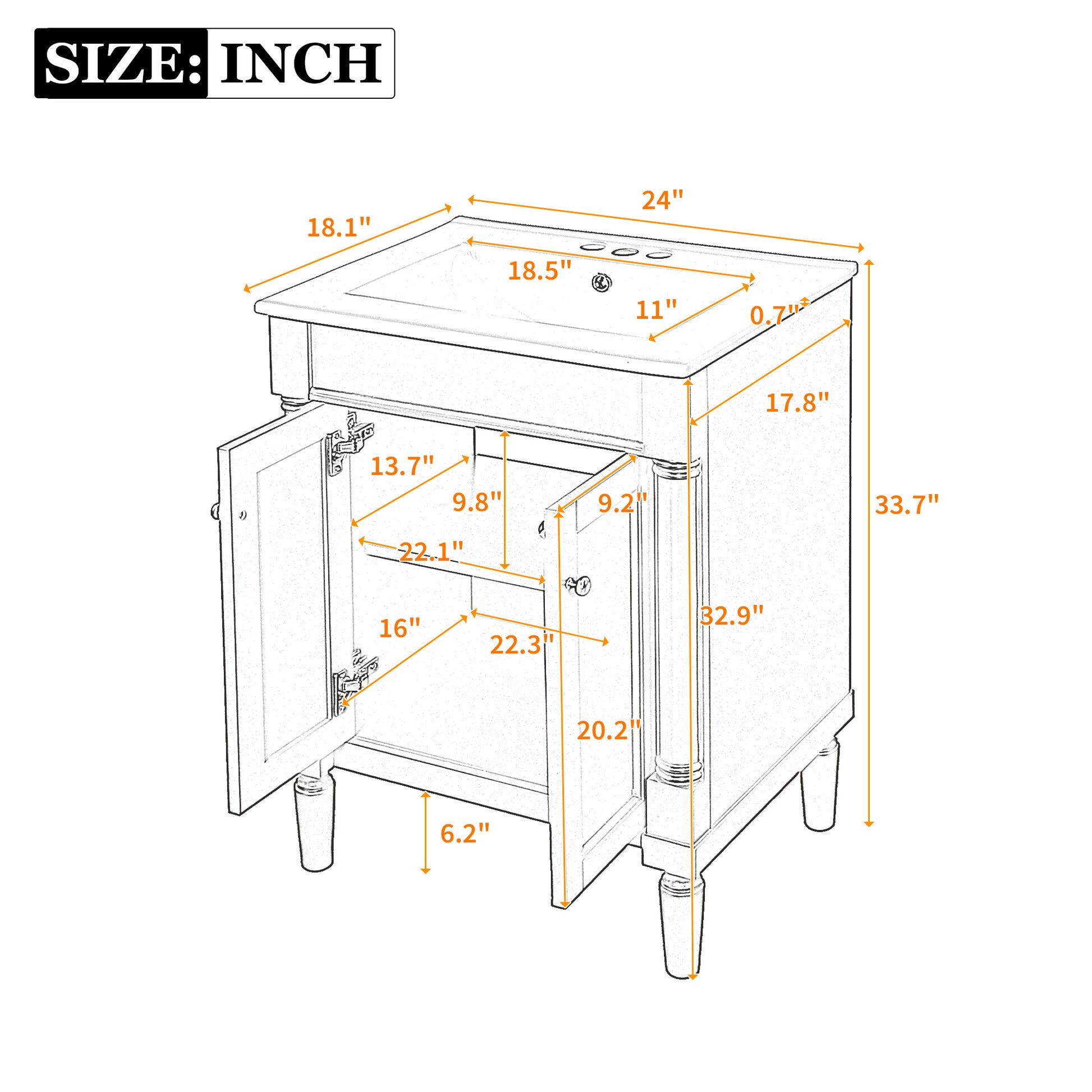 24" Black Bathroom Vanity - Storage Cabinet with Sink