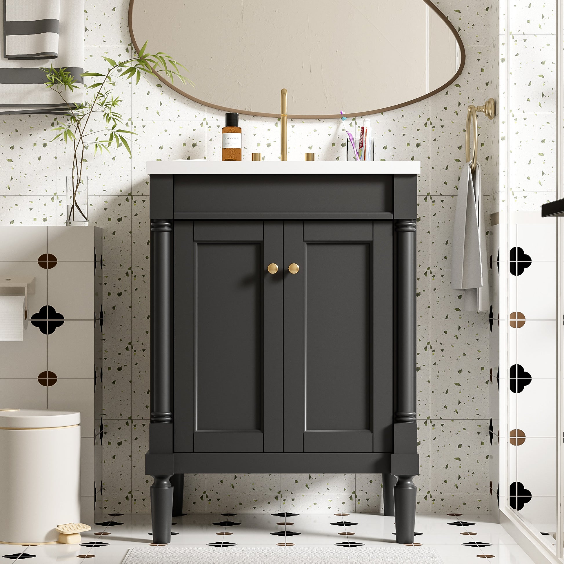 24'' Bathroom Vanity with Top Sink, 2-Tier Modern Bathroom Storage Cabinet, Single Sink Bathroom Vanity, Large Storage Shelves