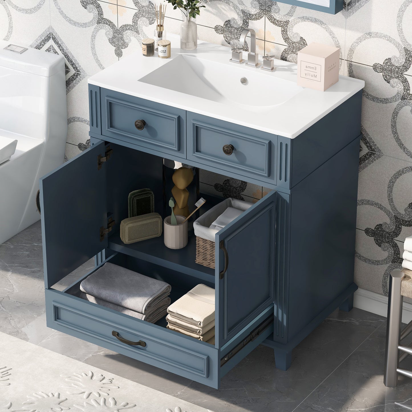 30" Blue Bathroom Vanity - Ceramic Sink Storage Cabinet
