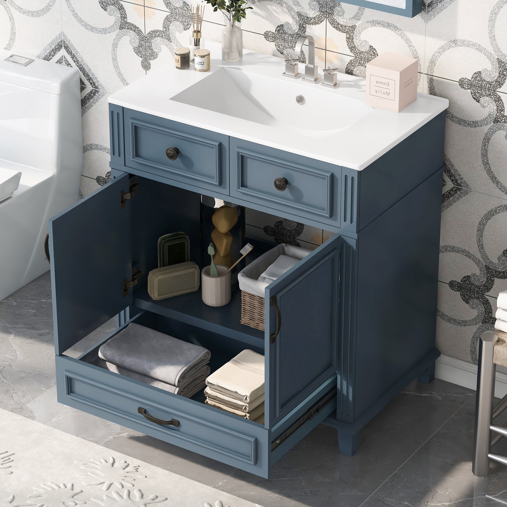 30" Blue Bathroom Vanity - Ceramic Sink Storage Cabinet