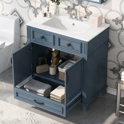 30" Blue Bathroom Vanity - Ceramic Sink Storage Cabinet
