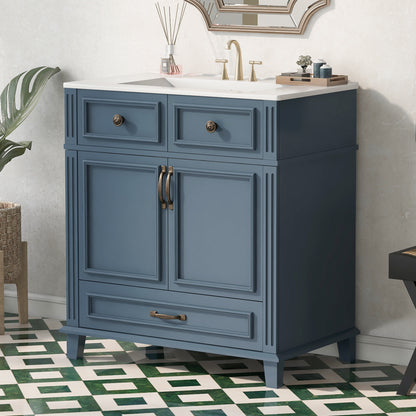 30" Blue Bathroom Vanity - Ceramic Sink Storage Cabinet