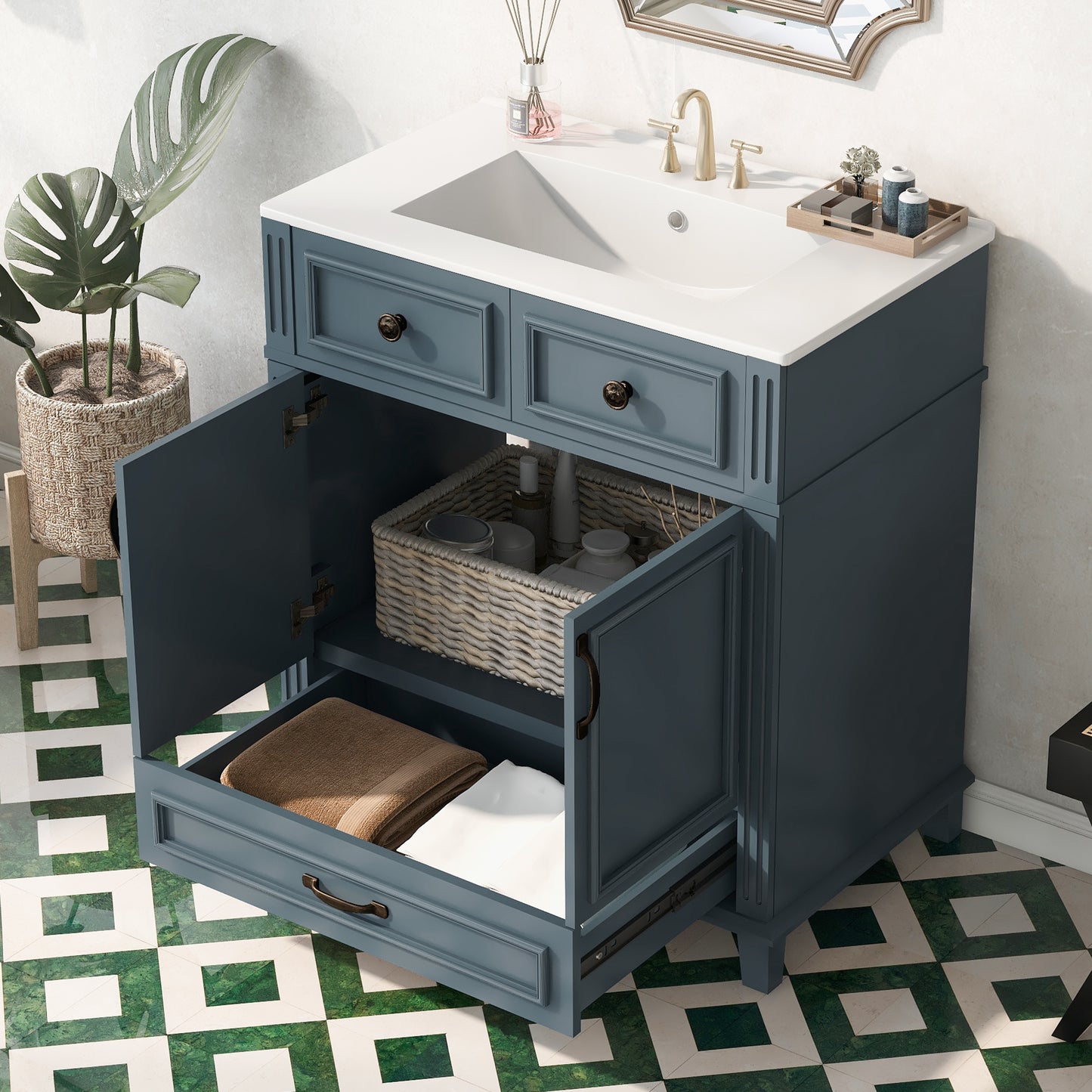 30" Blue Bathroom Vanity - Ceramic Sink Storage Cabinet