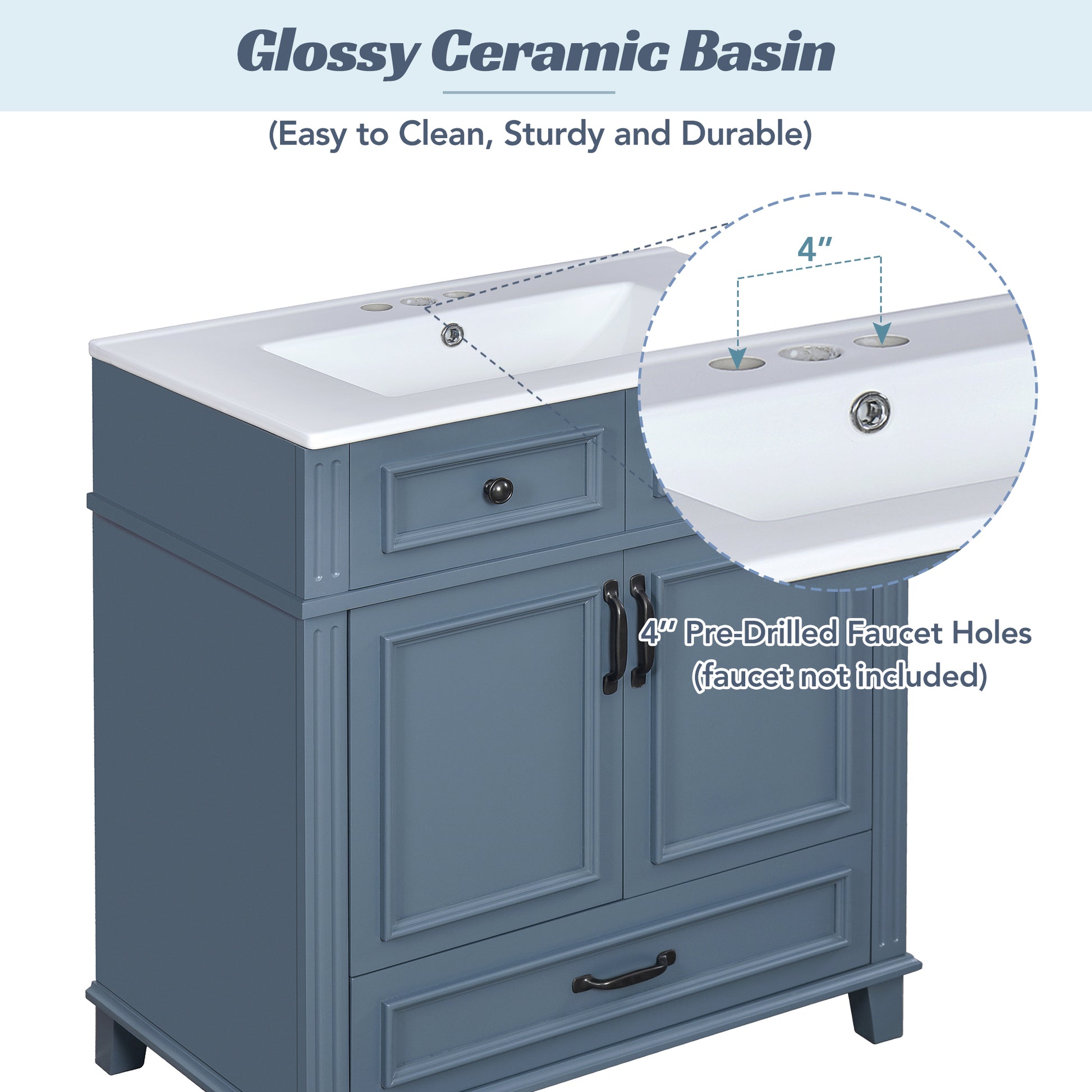 30" Blue Bathroom Vanity - Ceramic Sink Storage Cabinet