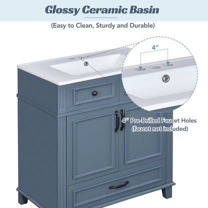 30" Blue Bathroom Vanity - Ceramic Sink Storage Cabinet