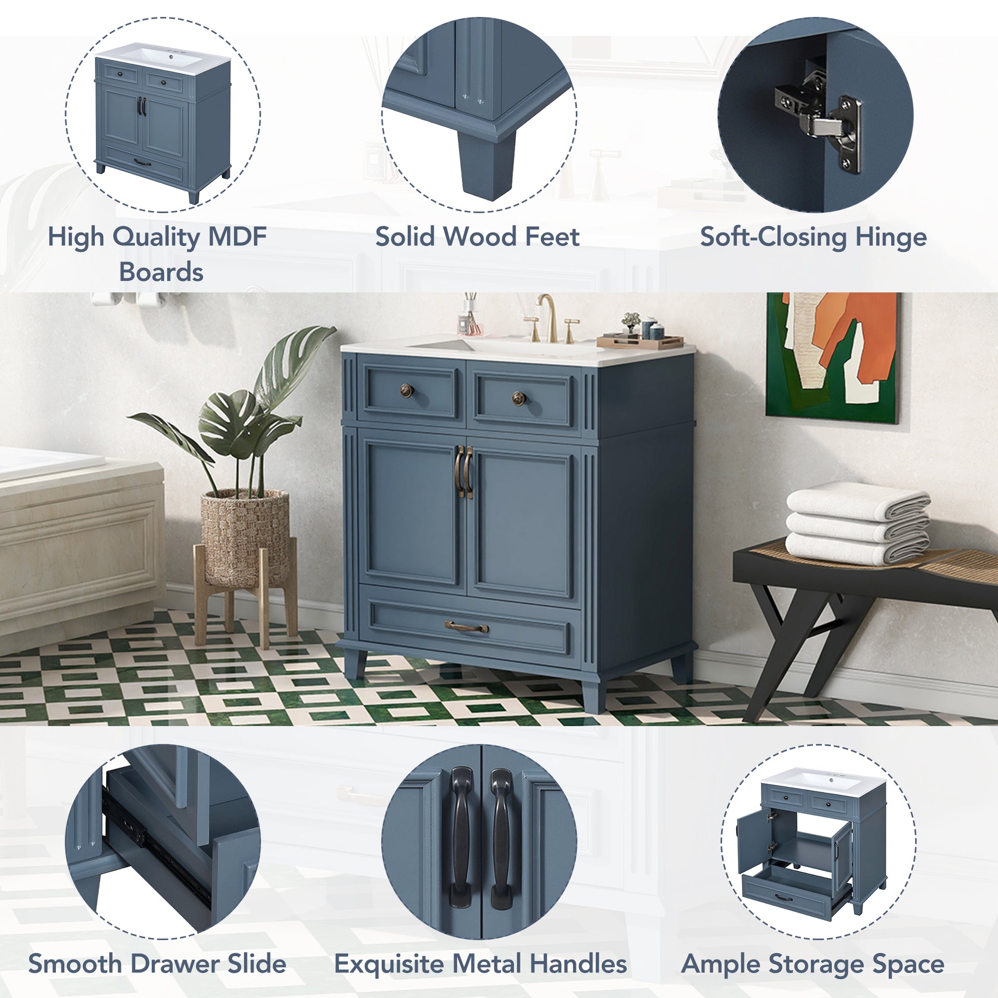 30" Blue Bathroom Vanity - Ceramic Sink Storage Cabinet
