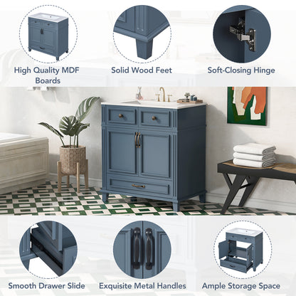 30" Blue Bathroom Vanity - Ceramic Sink Storage Cabinet