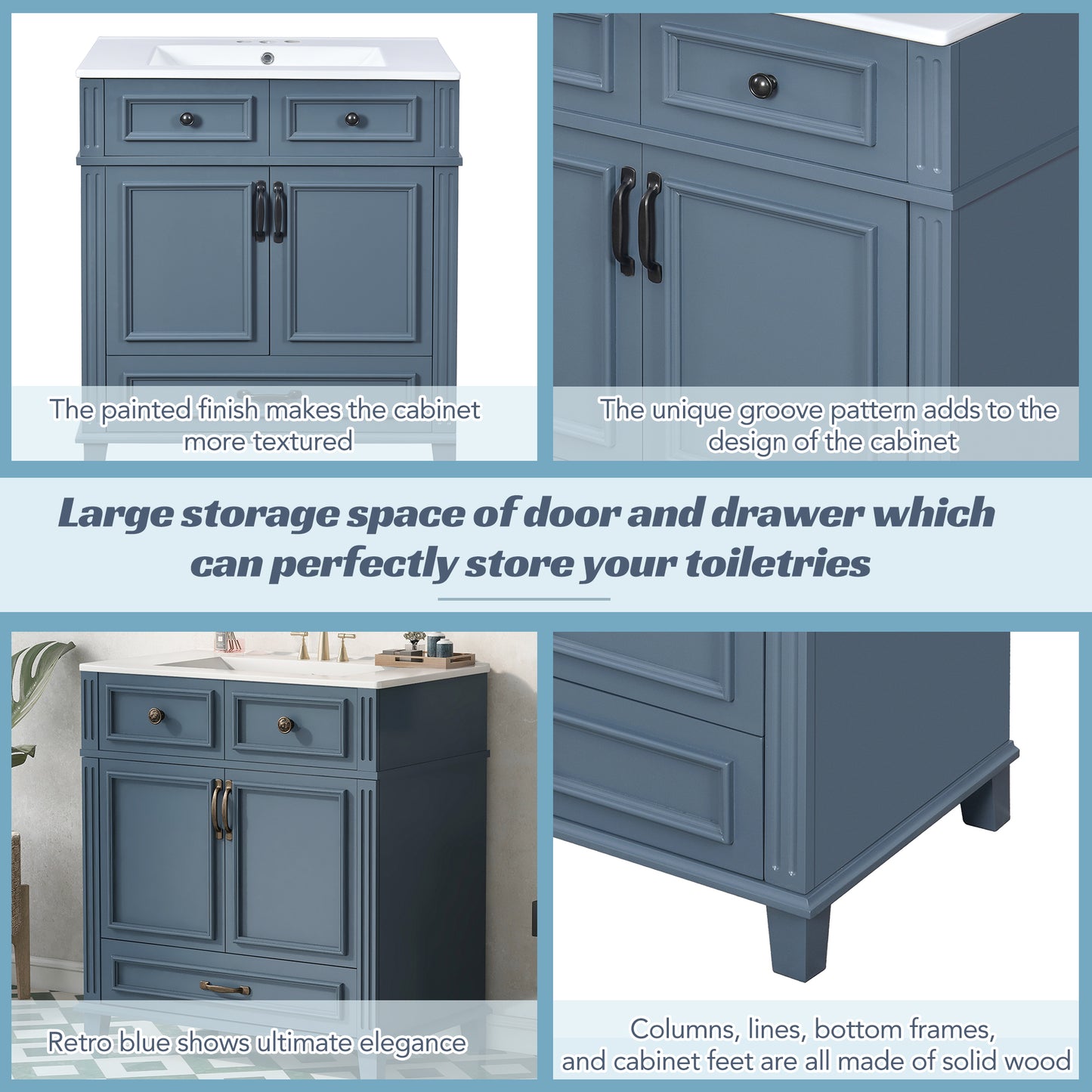 30" Blue Bathroom Vanity - Ceramic Sink Storage Cabinet