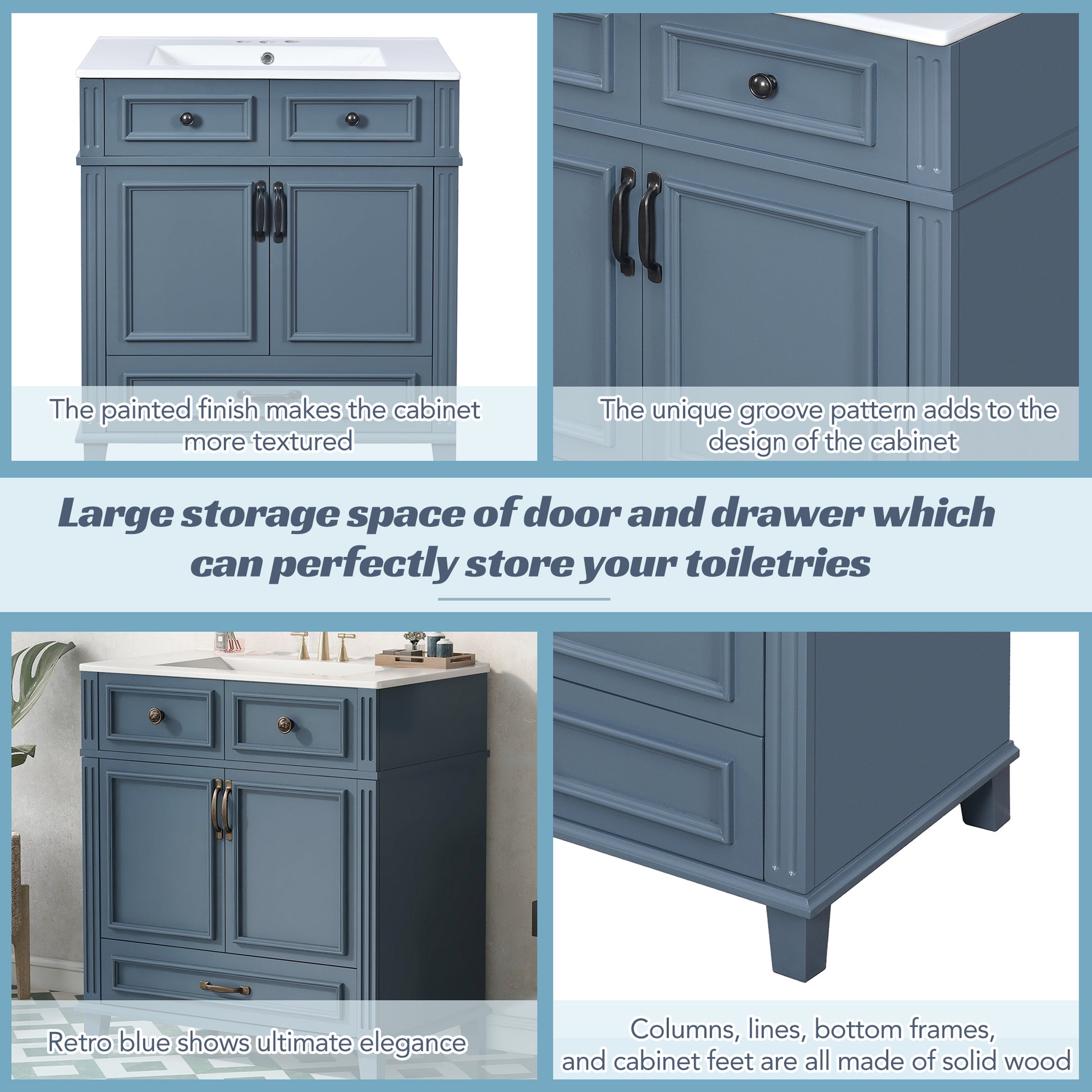 30" Blue Bathroom Vanity - Ceramic Sink Storage Cabinet