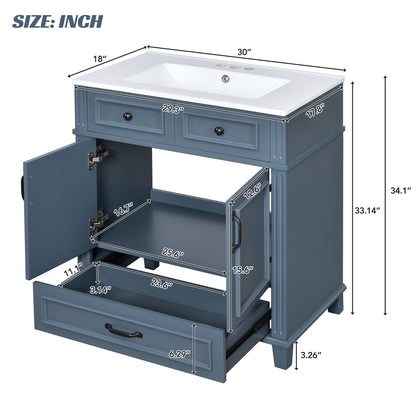 30" Blue Bathroom Vanity - Ceramic Sink Storage Cabinet