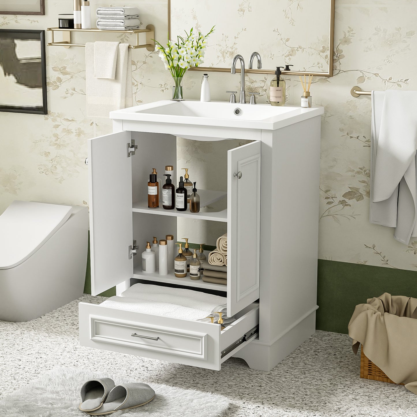 24'' White Ceramic Bathroom Vanity - Modern Storage Cabinet