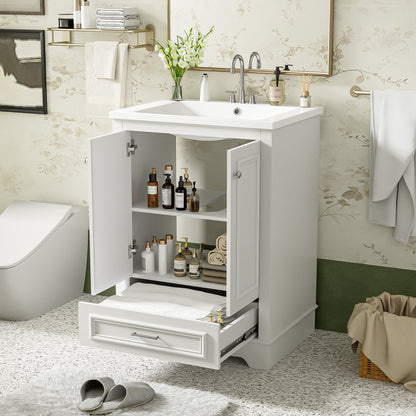 24'' White Ceramic Bathroom Vanity - Modern Storage Cabinet