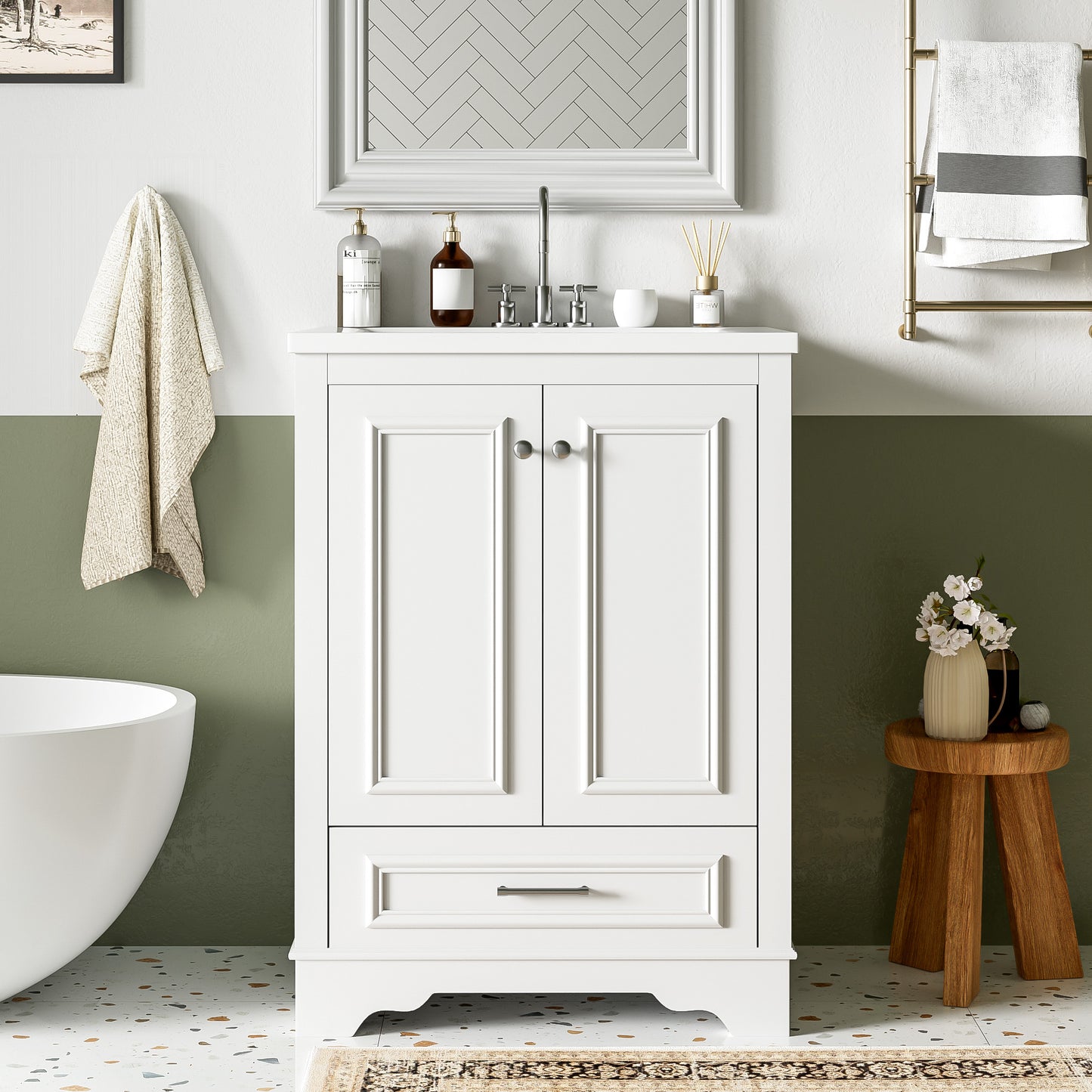 24'' White Ceramic Bathroom Vanity - Modern Storage Cabinet