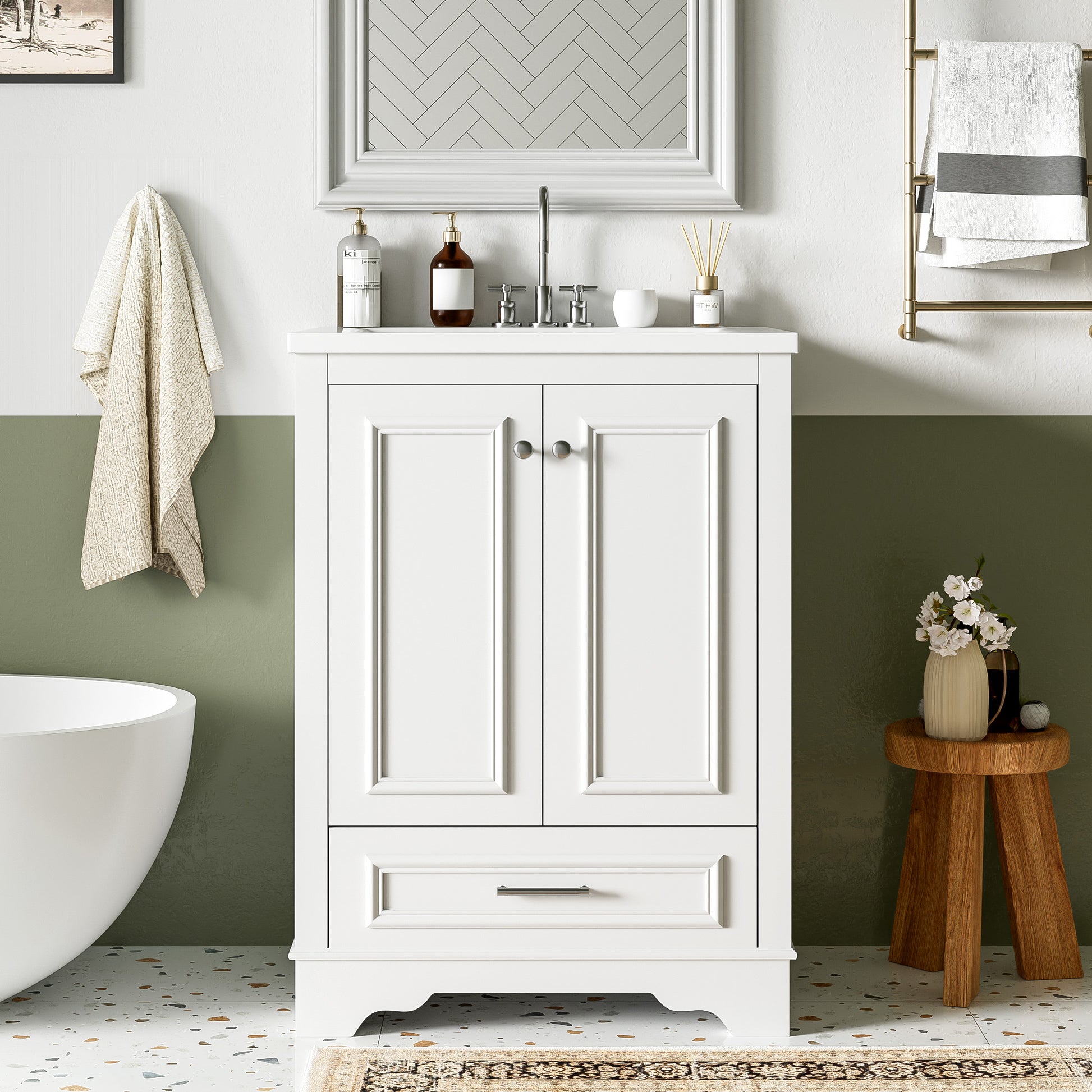 24'' White Ceramic Bathroom Vanity - Modern Storage Cabinet