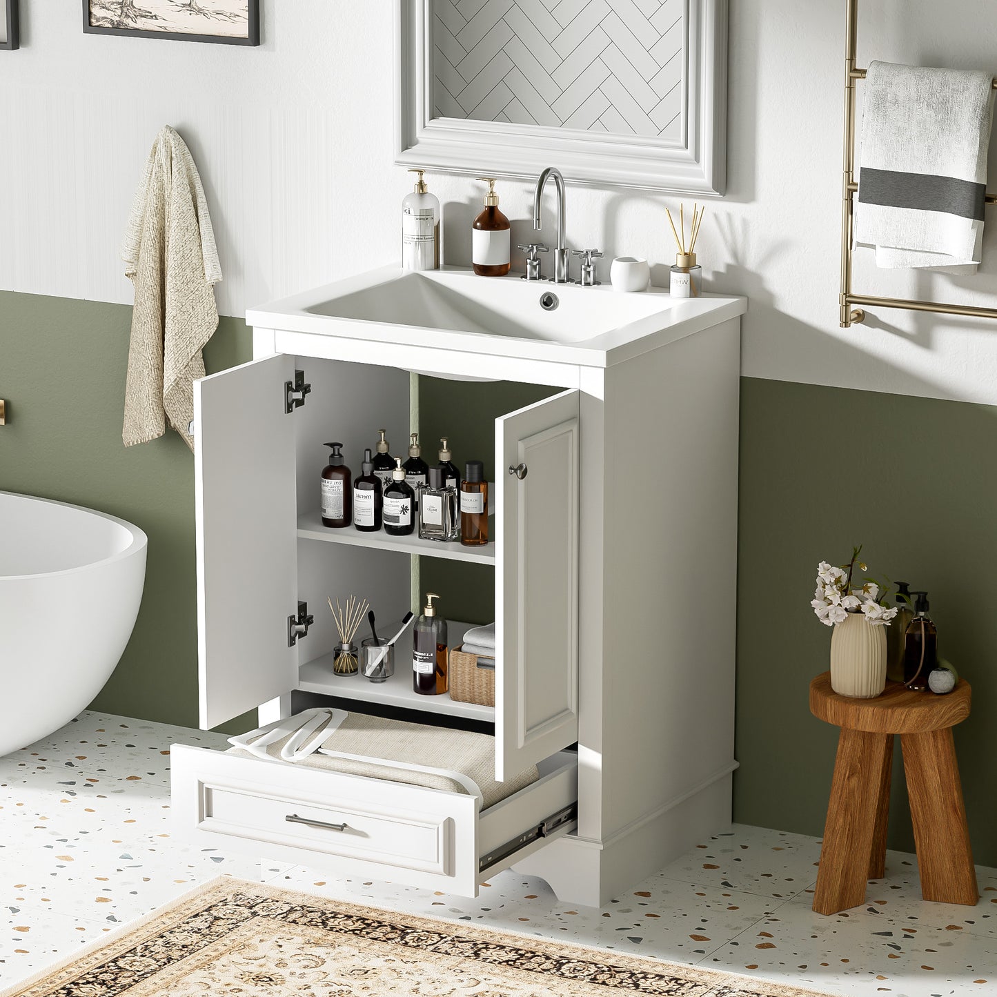 24'' White Ceramic Bathroom Vanity - Modern Storage Cabinet