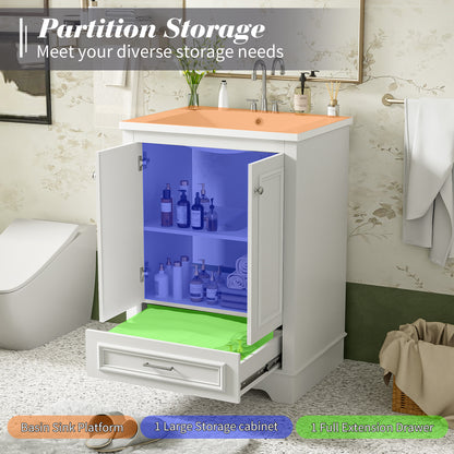 24'' White Ceramic Bathroom Vanity - Modern Storage Cabinet