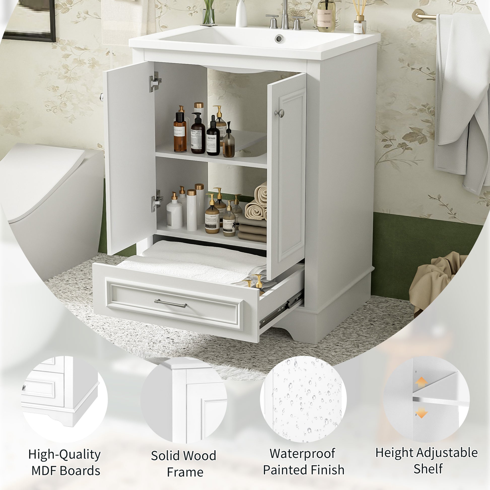 24'' White Ceramic Bathroom Vanity - Modern Storage Cabinet