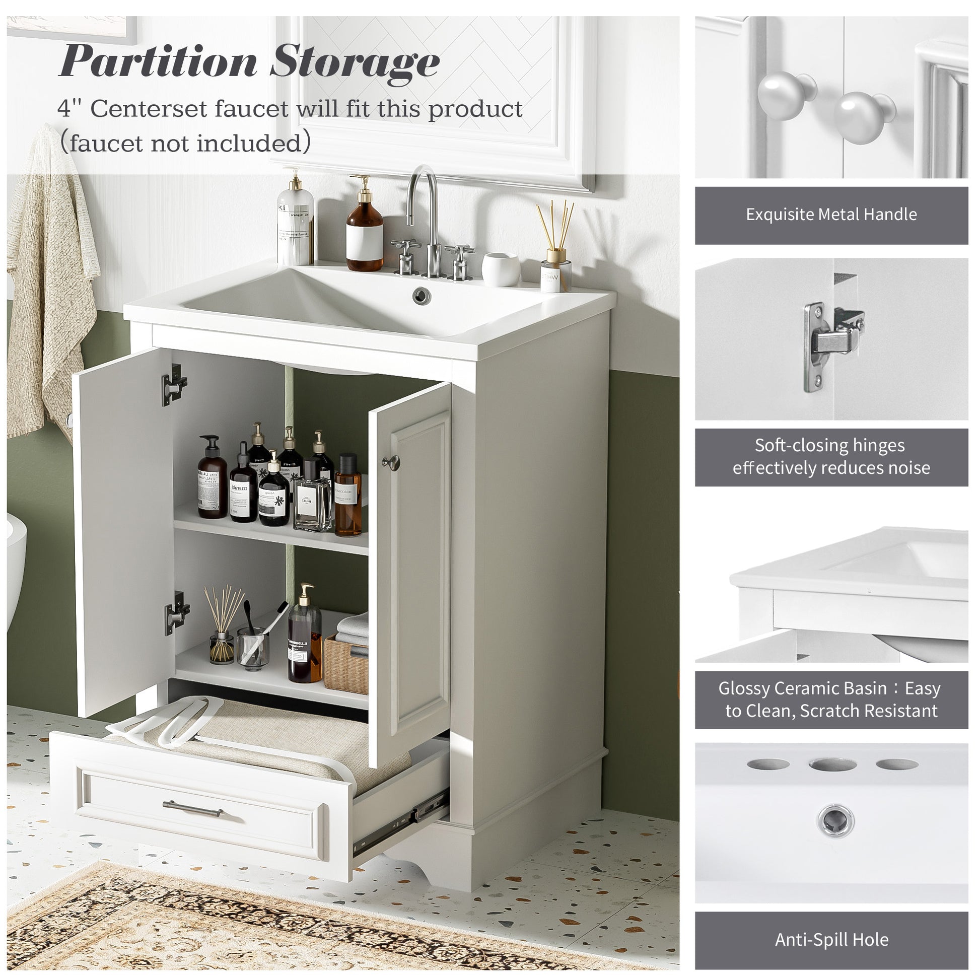 24'' White Ceramic Bathroom Vanity - Modern Storage Cabinet