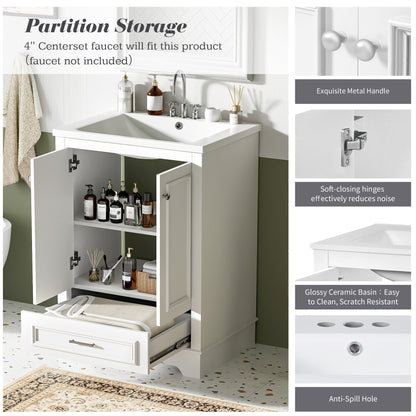 24'' White Ceramic Bathroom Vanity - Modern Storage Cabinet