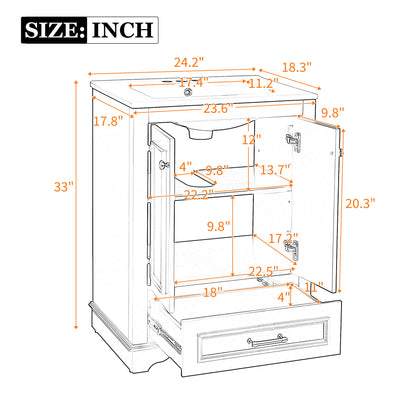 24'' White Ceramic Bathroom Vanity - Modern Storage Cabinet