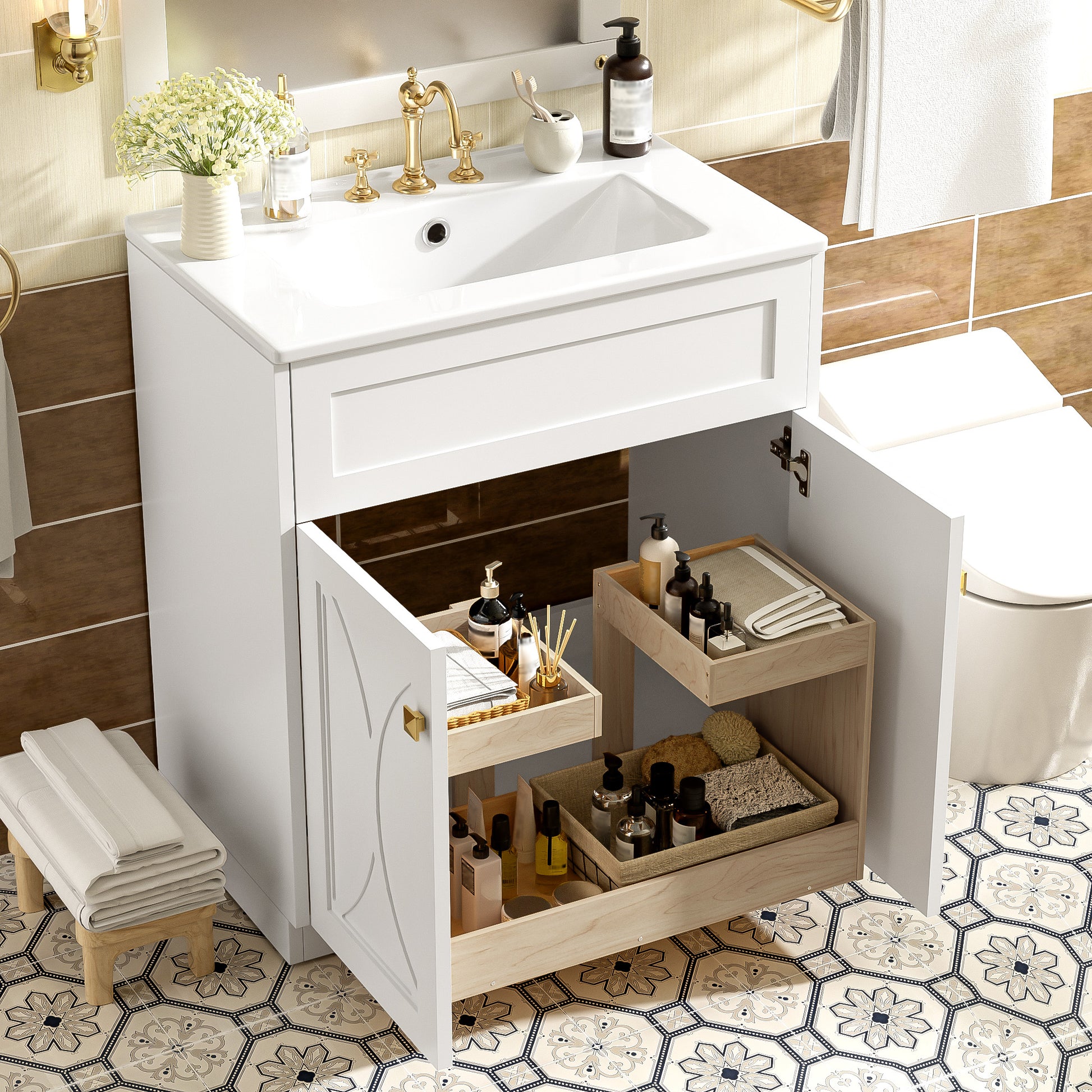 30 Inch White Bathroom Vanity with Ceramic Sink - Modern Storage Cabinet