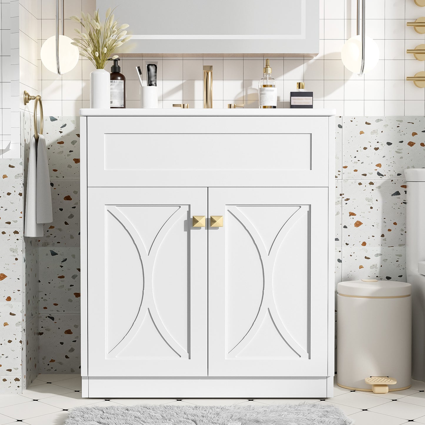 30 Inch White Bathroom Vanity with Ceramic Sink - Modern Storage Cabinet